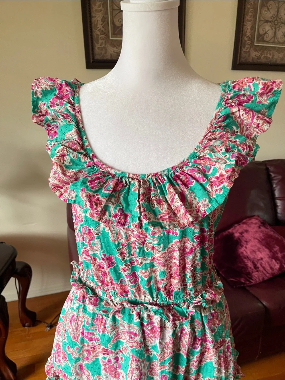 J.Crew Floral Ruffle Midi Dress Green Pink Cottagecore Garden Party Size 2